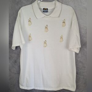 Discoveries By Natalie Large Vintage White/Gold Polo With Golf Club Appliques